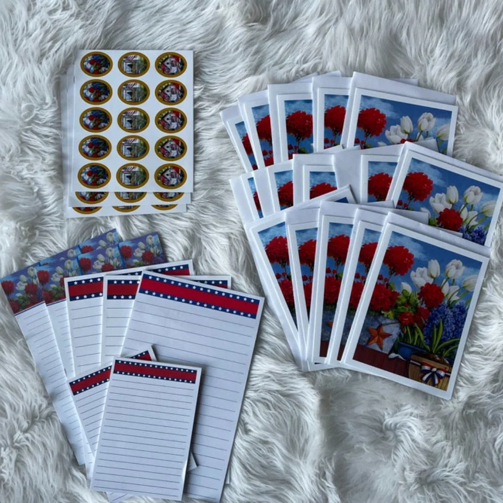 20 Patriotic cards, 30 envelope seals, 5 large notepads, 2 small notepads